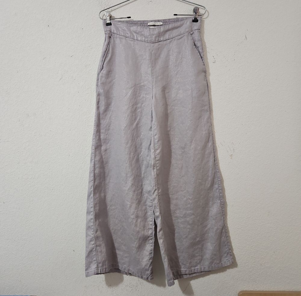 Rachel Zoe Metallic Silver 100% Flax Linen Wide-Leg Pull-On Pants